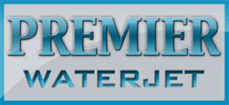 A blue and white logo for premier waterjet.